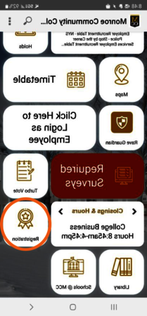 Screenshot of a mobile phone screen showing the myMCC tiles with a circle around the Registration tile.